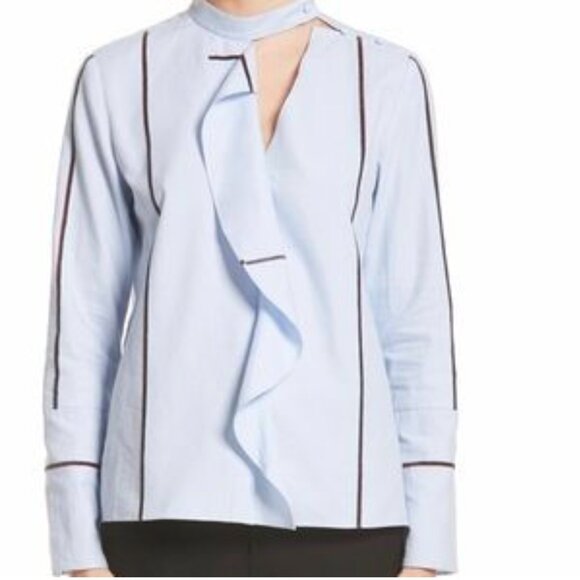 Derek Lam 10 Crosby Light Blue Striped Blouse Asymmetric Keyhole Ruffle Size 4 - Picture 11 of 11